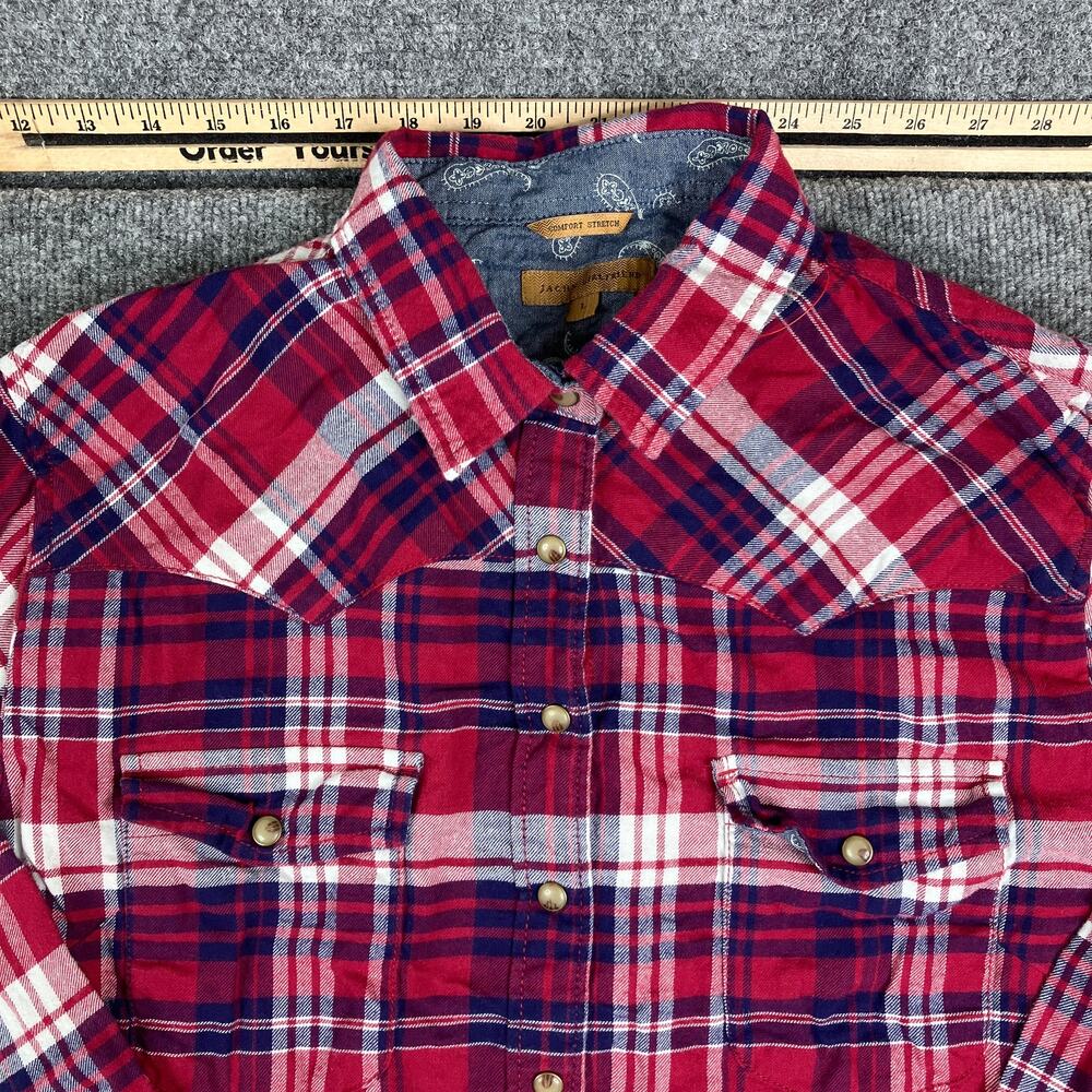 Jach's Girlfriend Top Mens Size Large Red Plaid Long Sleeve Western Pearl Snap‎